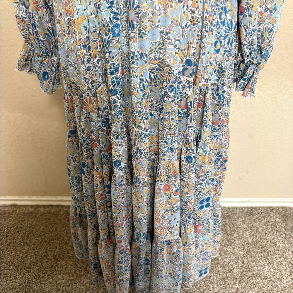 Free People Feeling Groovy Blue Floral Boho Maxi Long Sleeve Dress Size Medium - Picture 4 of 11